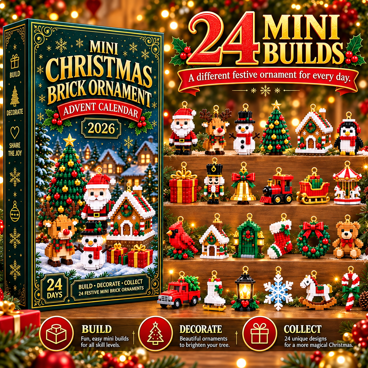 🎄 24-Day Mini Christmas Ornament Advent Calendar | 24 unique festive buildable designs with hanging loops—perfect for decorating Christmas trees, wreaths, and holiday displays 🧱