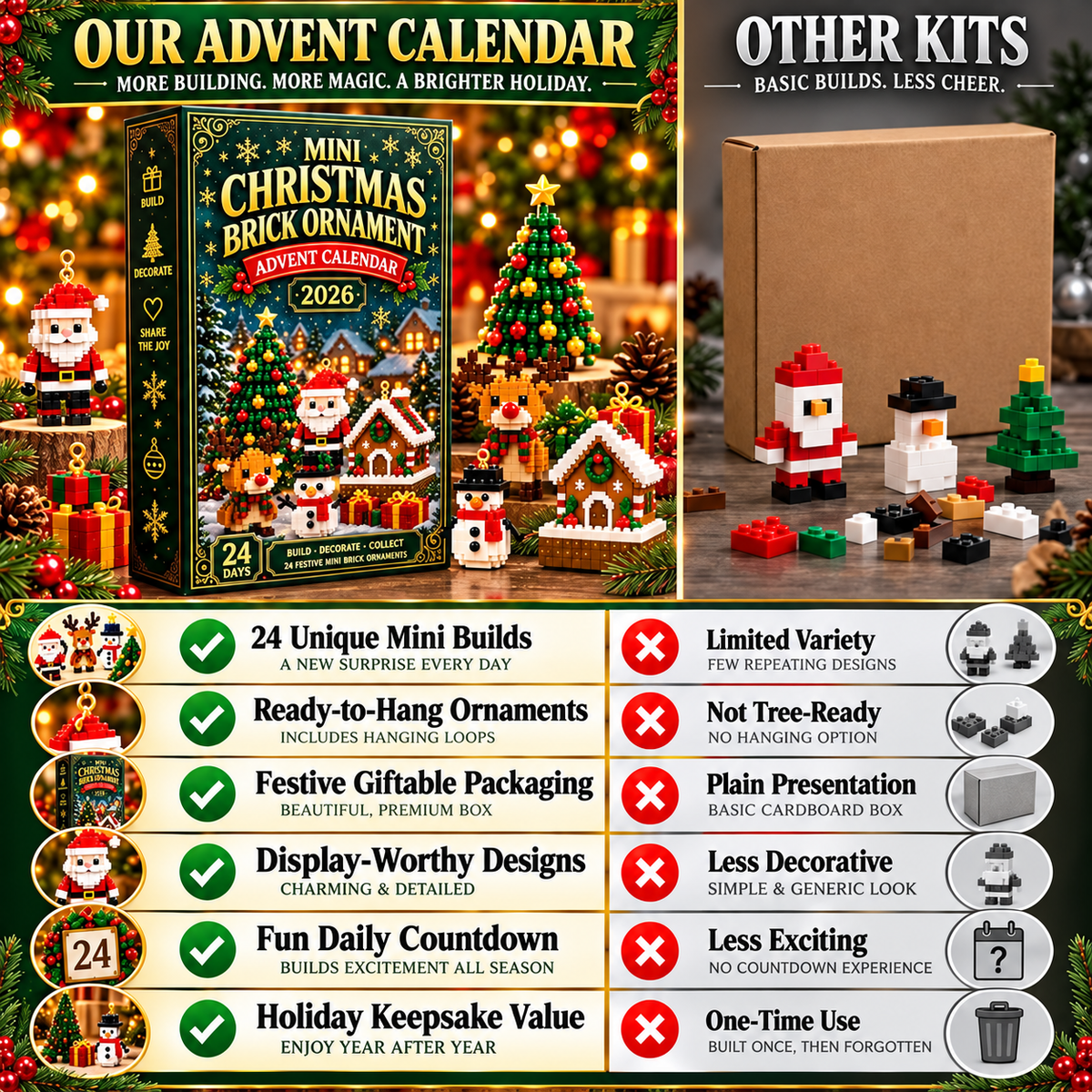 🎄 24-Day Mini Christmas Ornament Advent Calendar | 24 unique festive buildable designs with hanging loops—perfect for decorating Christmas trees, wreaths, and holiday displays 🧱