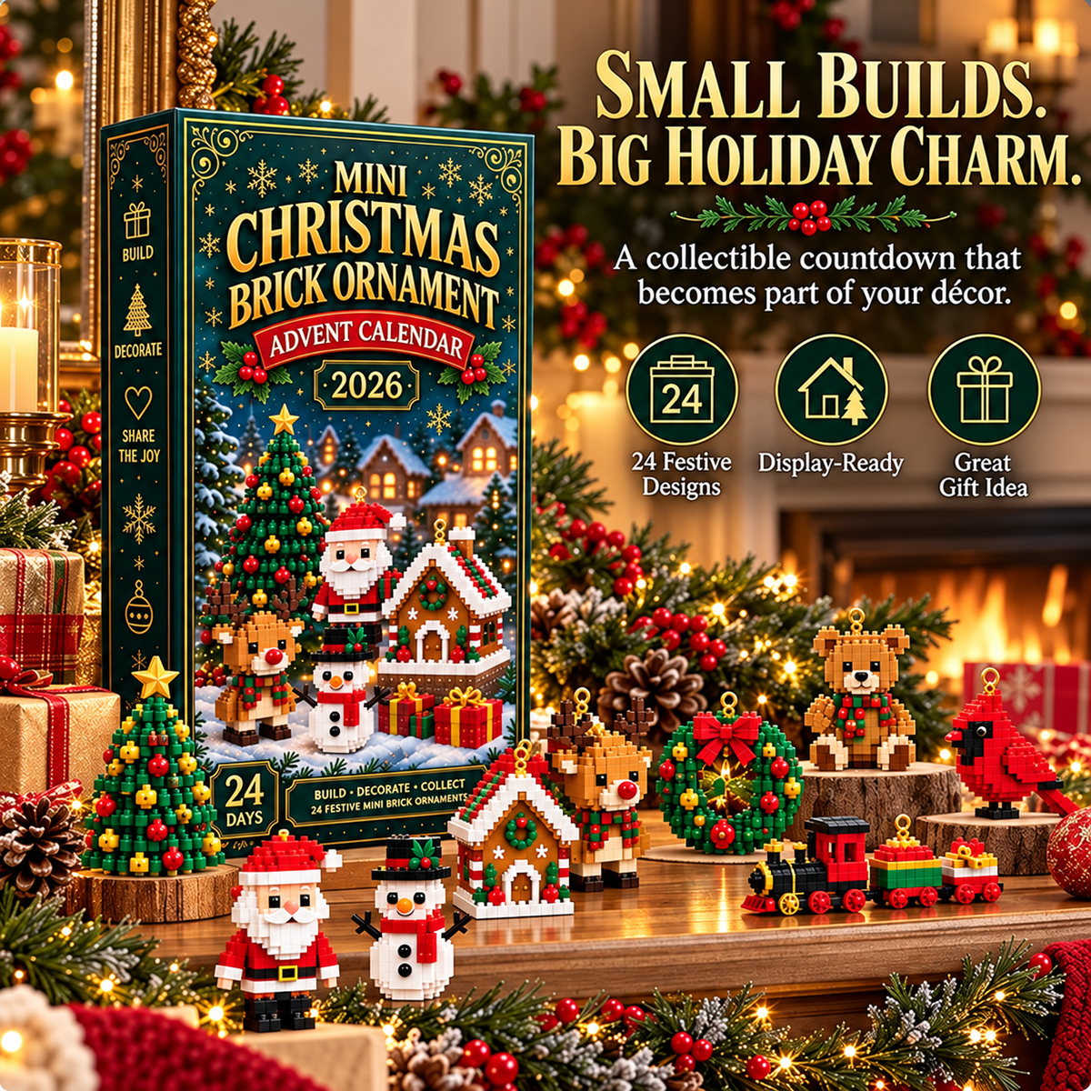 🎄 24-Day Mini Christmas Ornament Advent Calendar | 24 unique festive buildable designs with hanging loops—perfect for decorating Christmas trees, wreaths, and holiday displays 🧱